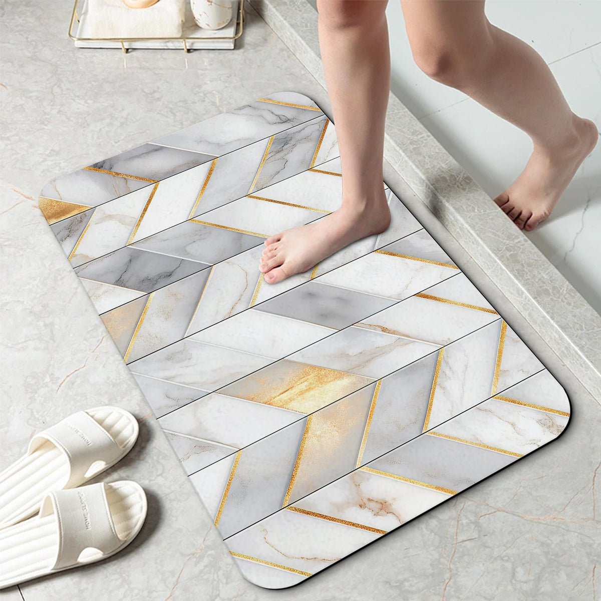 Bathroom Rug Gold Geometric Lines Bath Mat with Non (Gold Geometric Lines)
