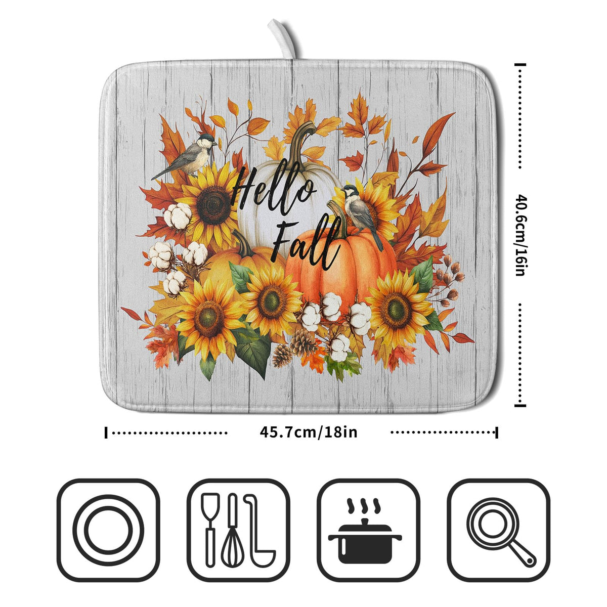 Hello Fall Sunflowers Dish Drying Mat for Kitchen Counter (Hello Fall / 16" x 18")