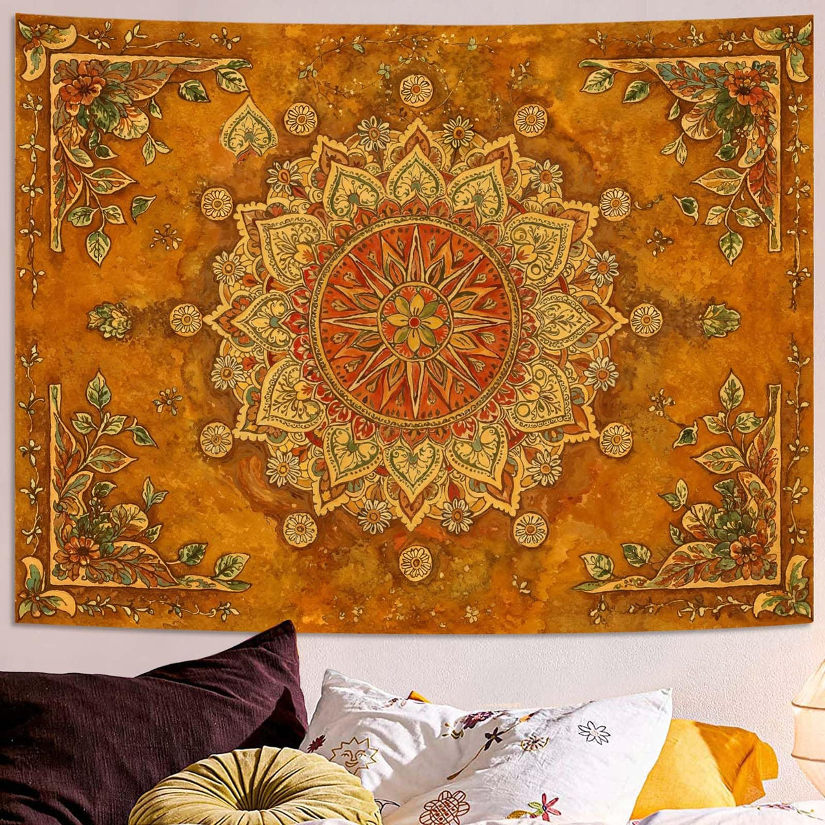 Floral Mandala Tapestry Boho Tapestry for Bedroom Brown Tapestries Wall Hanging Living Room Wall Art and Home Decor 70x90 (90"L x 70"W / Orange Brown)