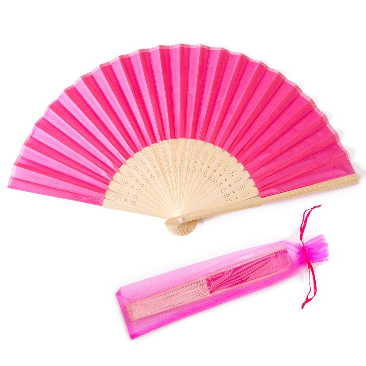 24pcs Imitated Silk Hand Fan Imitated Silk Fabric Bamboo Handheld Folded Fan Bridal Dancing Props Church Wedding Party Favors with Organza Bags (Hot Pink)