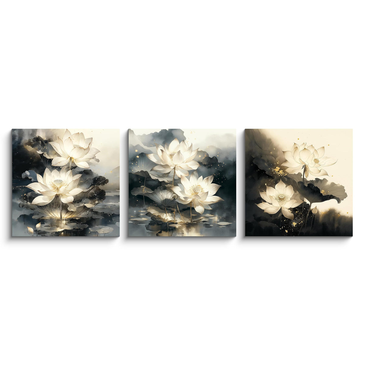 3Pcs White Lotus Flowers Ink Wash Canvas Wall Art Print Blooming Golden AccentsLotus Leaves Water ReflectionsZen Botanical Painting for Bedroom Bathroom Living Room Decor Ready to Hang (White Lotus with Golden Accents / 16x16inchx3)