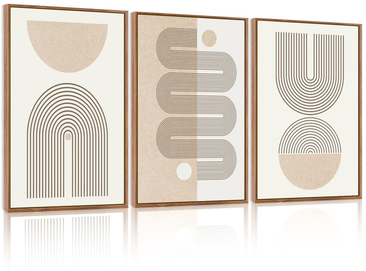 Framed Boho Wall Art Set of 3 (Beige Geometric Line / 24"L x 36"W)