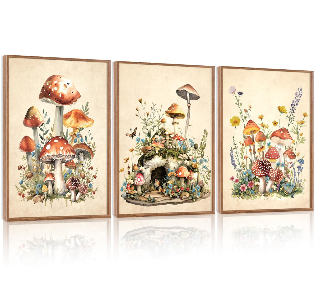 Vintage Mushroom Framed Canvas Wall Art Set Of 3 (Mushroom wall art)