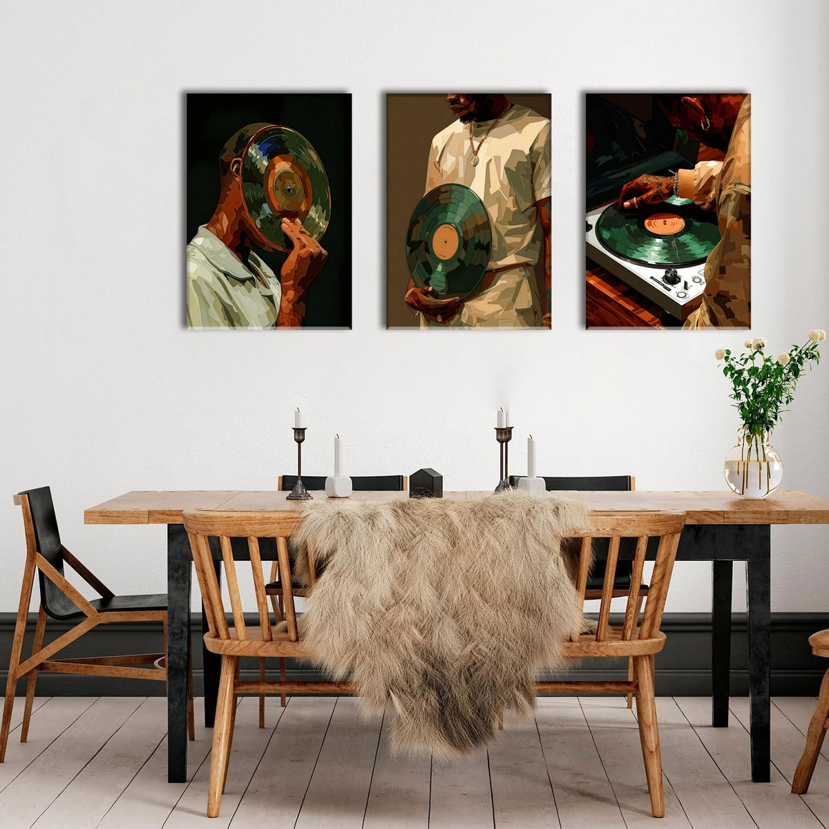 3 Piece African American Wall Art Black Men Wall Decor Fashion Music Pictures Record Canvas Art Music Studio Paintings Modern Trendy Artwork For Living Room Bedroom 16"x24" (Record White / 16x24in)