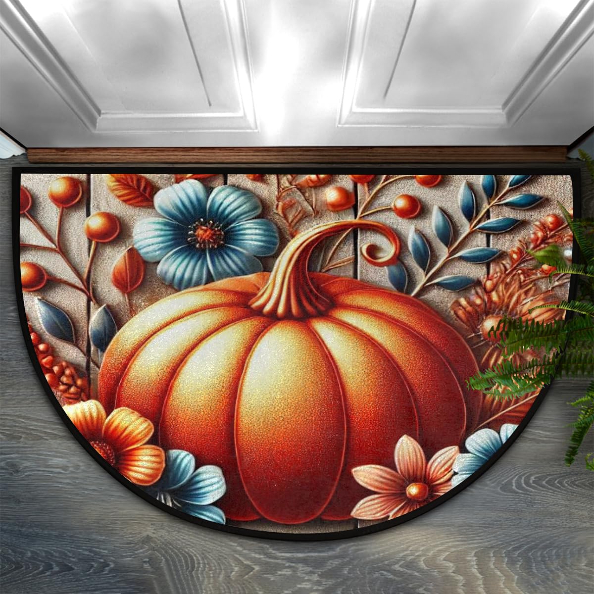 Half Round Doormat Fall Autumn Pumpkin Flower Washable Semi Circle Rug Non Slip Absorbent Half Moon Rug Kitchen Floor Mat for Indoor Outdoor Bathroom Patio Front Welcome Fireplace Hearth (A01:fall Pumpkins)