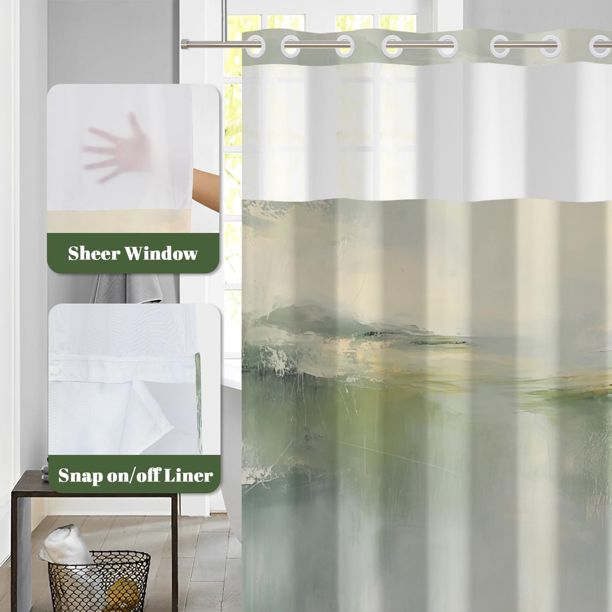 No Hook Shower Curtain with Snap in Liner (Abstract-e)