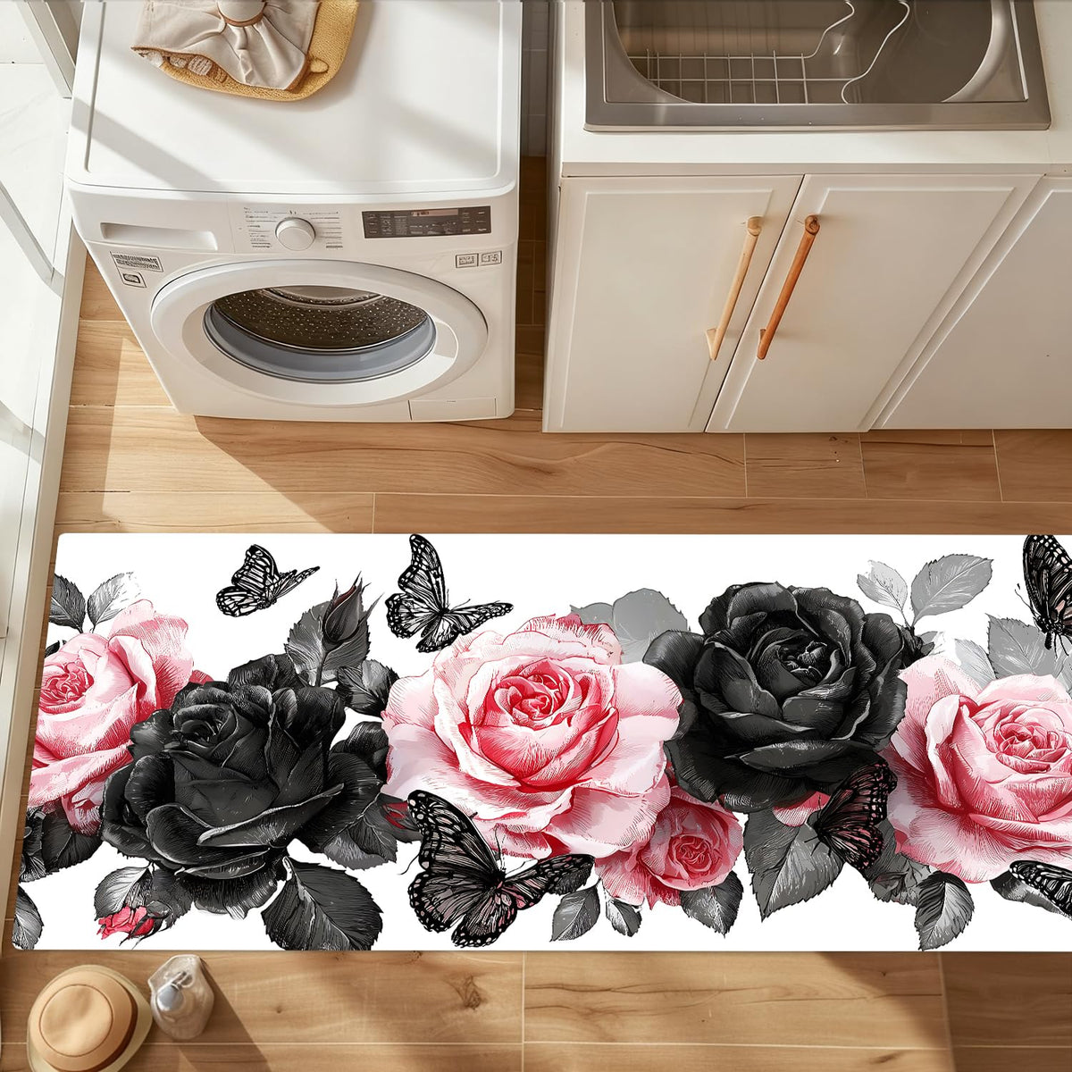 Pink and Black Rose Valentine's Day Laundry Room Rug 20x47 Inch (#54)