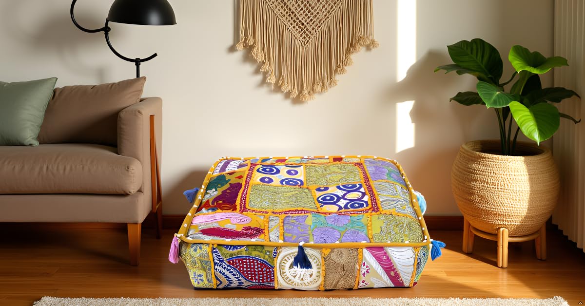 Indian Square Patchwork Traditional Pouf Cover Indian Living Room Poufs Decorative Embroidered Designer Ottoman Home Living Footstool Chair Cover Decor Pillow Cover 16x16x5 inches (16"D x 16"W x 5"H / Yellow)