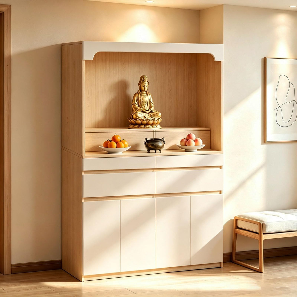Altar Table Pooja Cabinet with Drawers and Storage Cabinets (39.4×15.7×65.4in / Beige+natural Wood Tone)