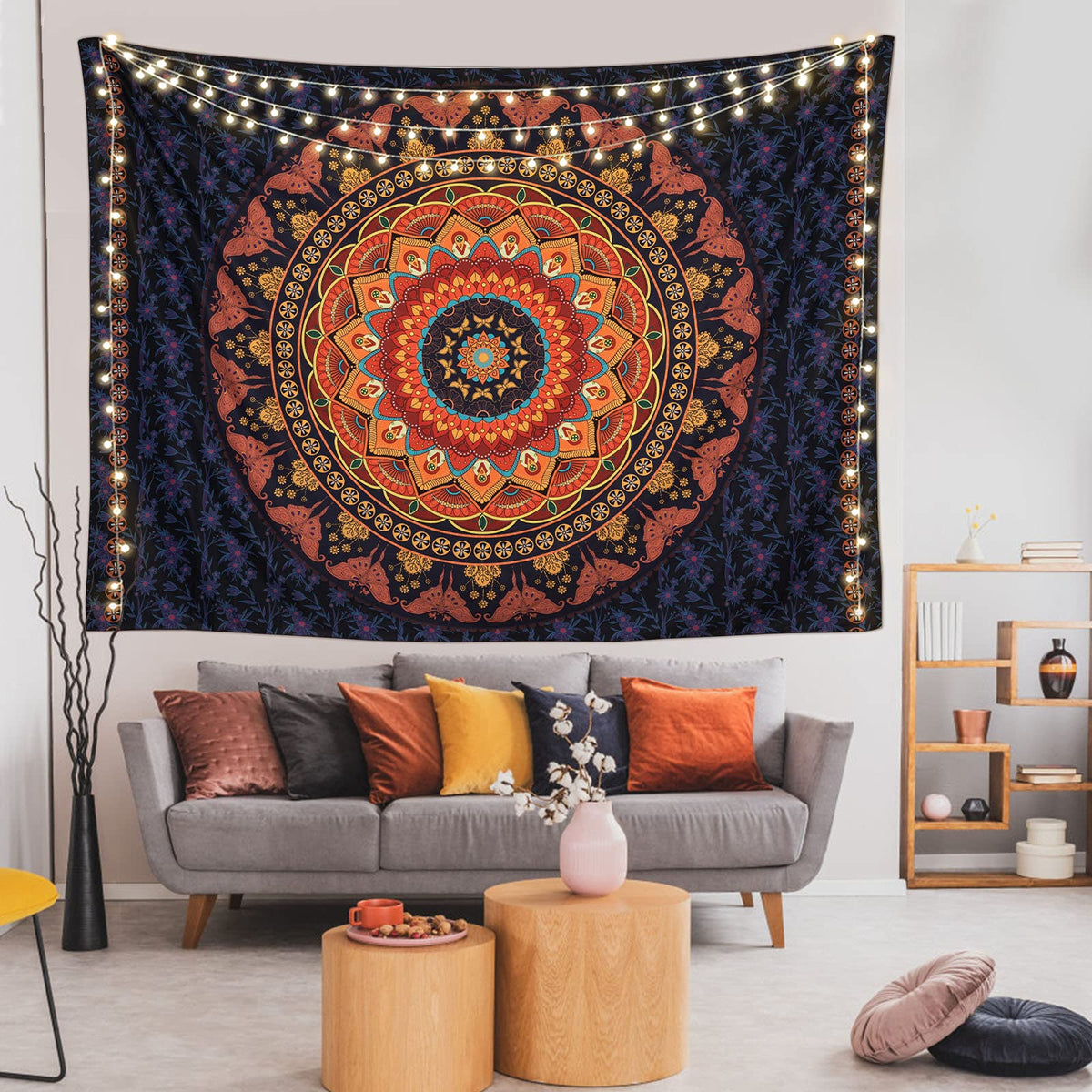 Boho Mandala Tapestry Aesthetic Wall Hanging Psychedelic Hippie Butterfly Tapestries Vintage Wall Art Home Decor for Bedroom (59"L x 51"W / Mandala Tapestry -Red)