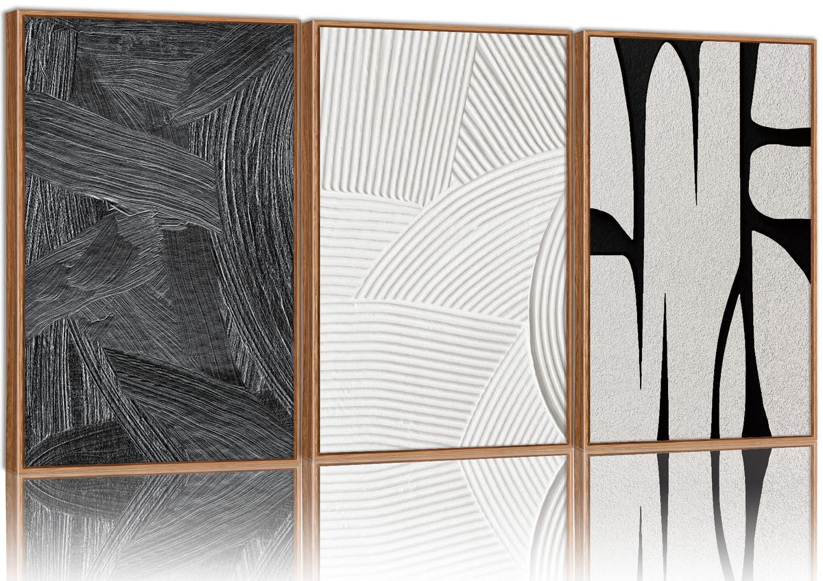 Black and White Framed Canvas Wall Art Set (Geometric Brushstroke / 24"L x 16"W)