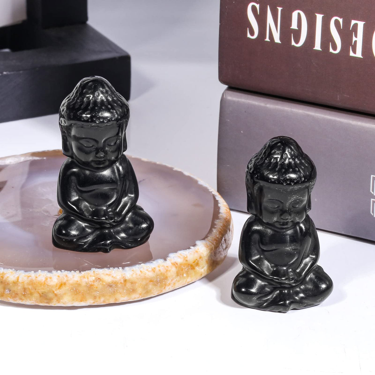 Handcarved Black Obsidian Pocket Stone Baby Buddha Crystal Statue (Black)