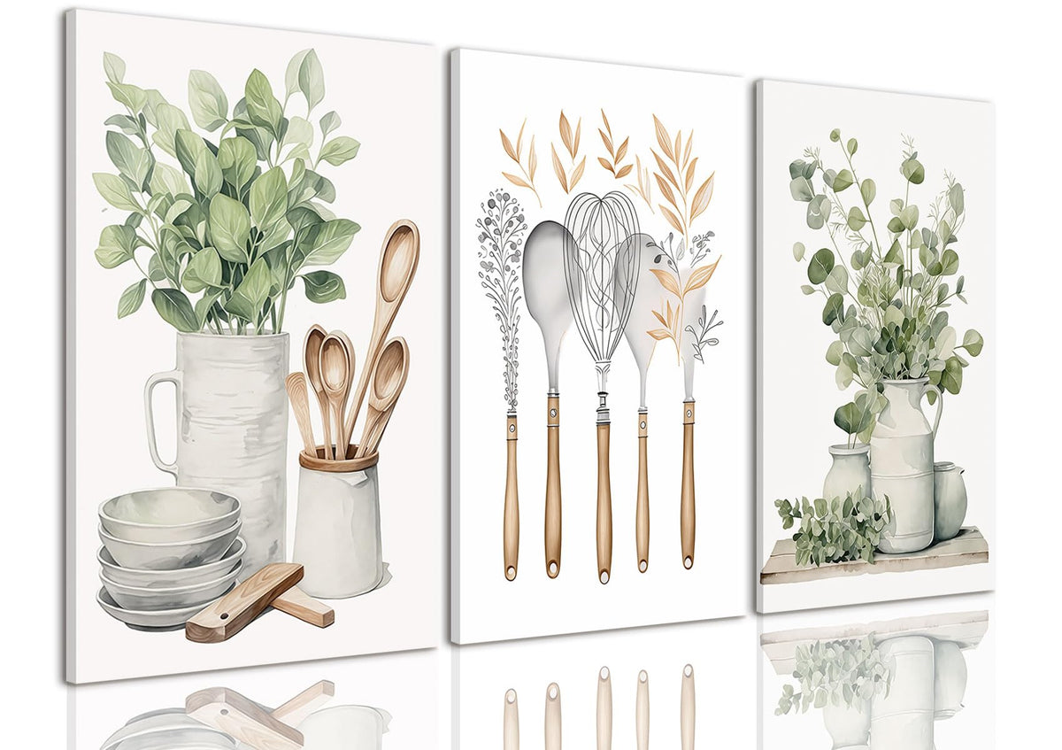 3 Piece Kitchen Wall Decor Sage Green Botanical Prints 12"x16" (Kitchenware Flowers / 12x16in)