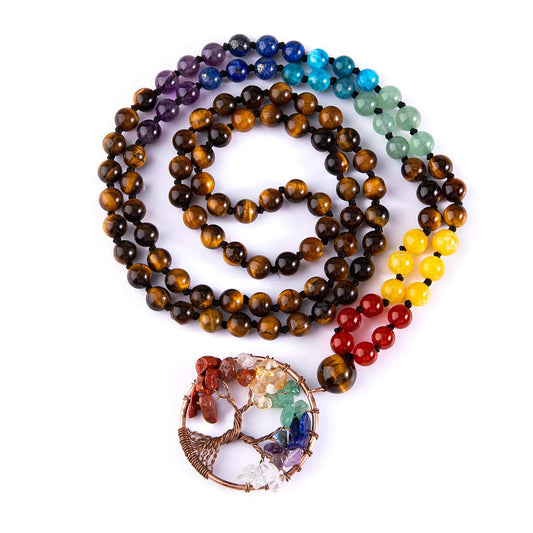 108 Mala Beads Necklace Tree of Life 7 Chakra Wrap Bracelet Real Healing Gemstone Yoga Meditation Hand Knotted Mala Prayer Bead Necklace (6mm / Tiger Eye Stone)
