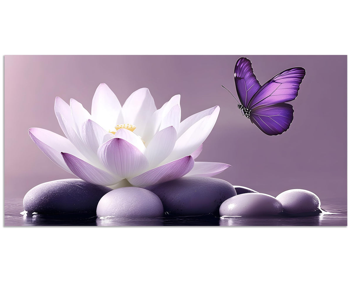 1 Panel Purple Wall Art Purple Pictures Wall Decor Zen Stone Water Lily and Butterfly on the Lake Pictures Poster Spiritual Yoga Spa Painting for Living Room Bedroom (24"L x 12"W / Purple Zen)