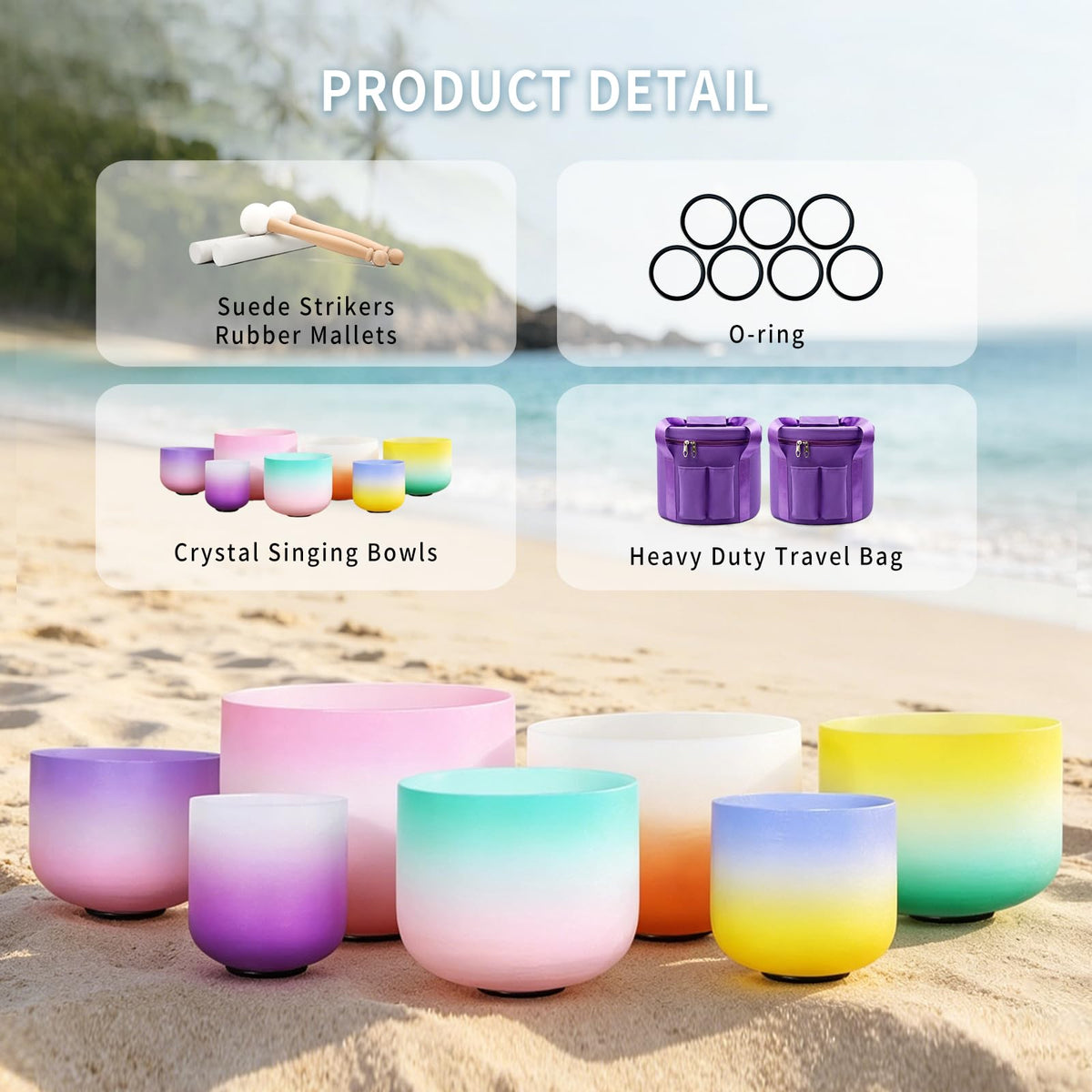 7PCS 432Hz Rainbow Quartz Crystal Singing Bowls Set for Meditation (7-12inch 432hz Multicolored 7PCS)