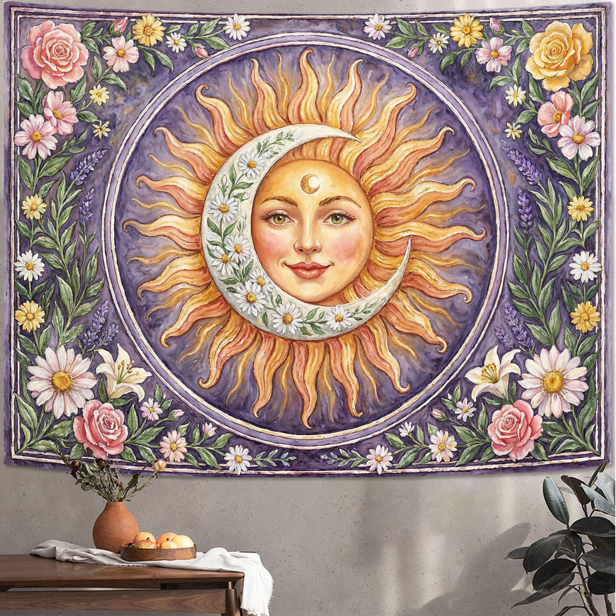 Celestial Sun and Moon Face Tapestry (Purple Golden / 90"L x 70"W)