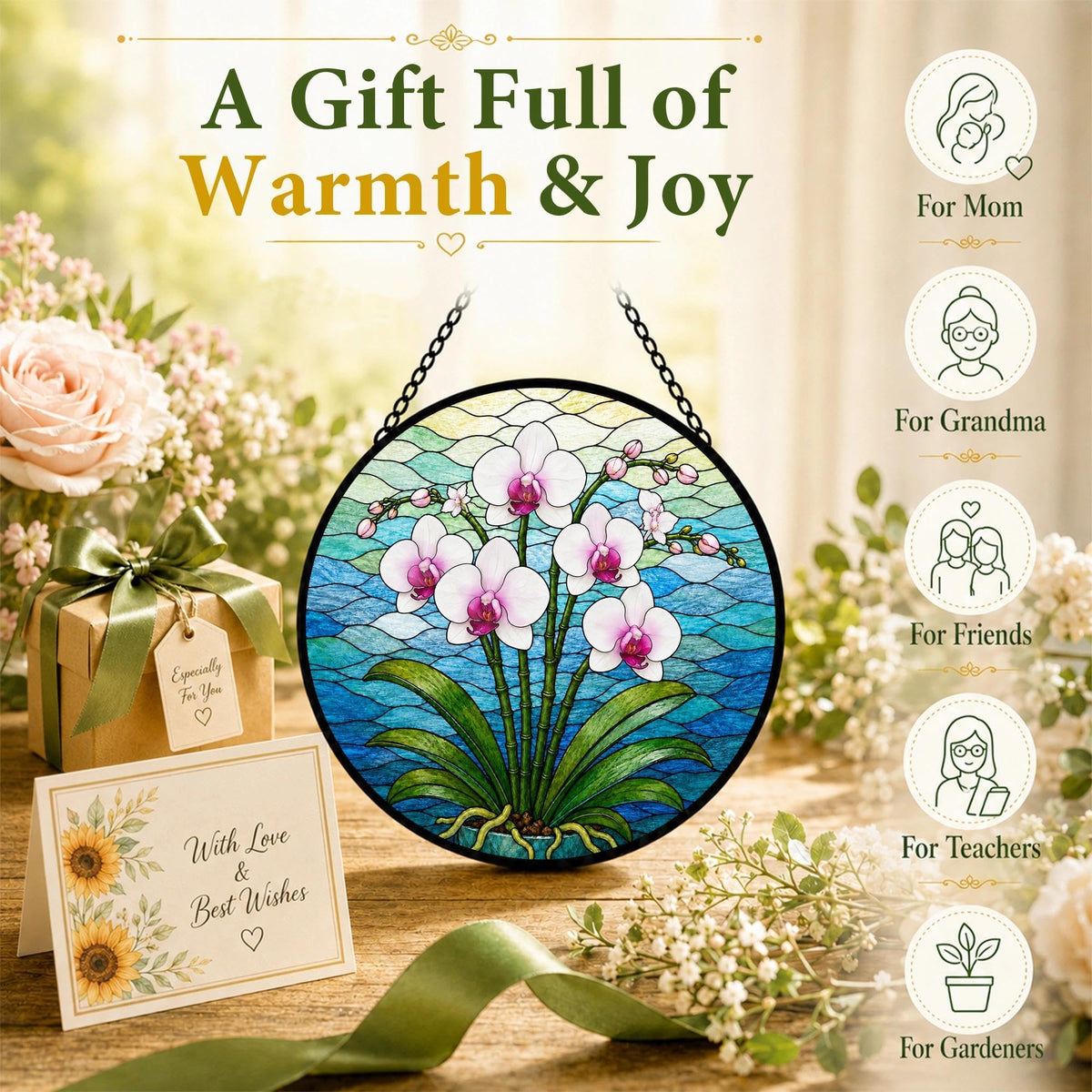 Orchid Suncatcher Stained Glass Window Hanging Orchid Gifts for Women Christmas White Orchid Decor Elegant Floral Sun Catcher Home 6.3 in (Orchid / 6.3 x 6.3 IN)