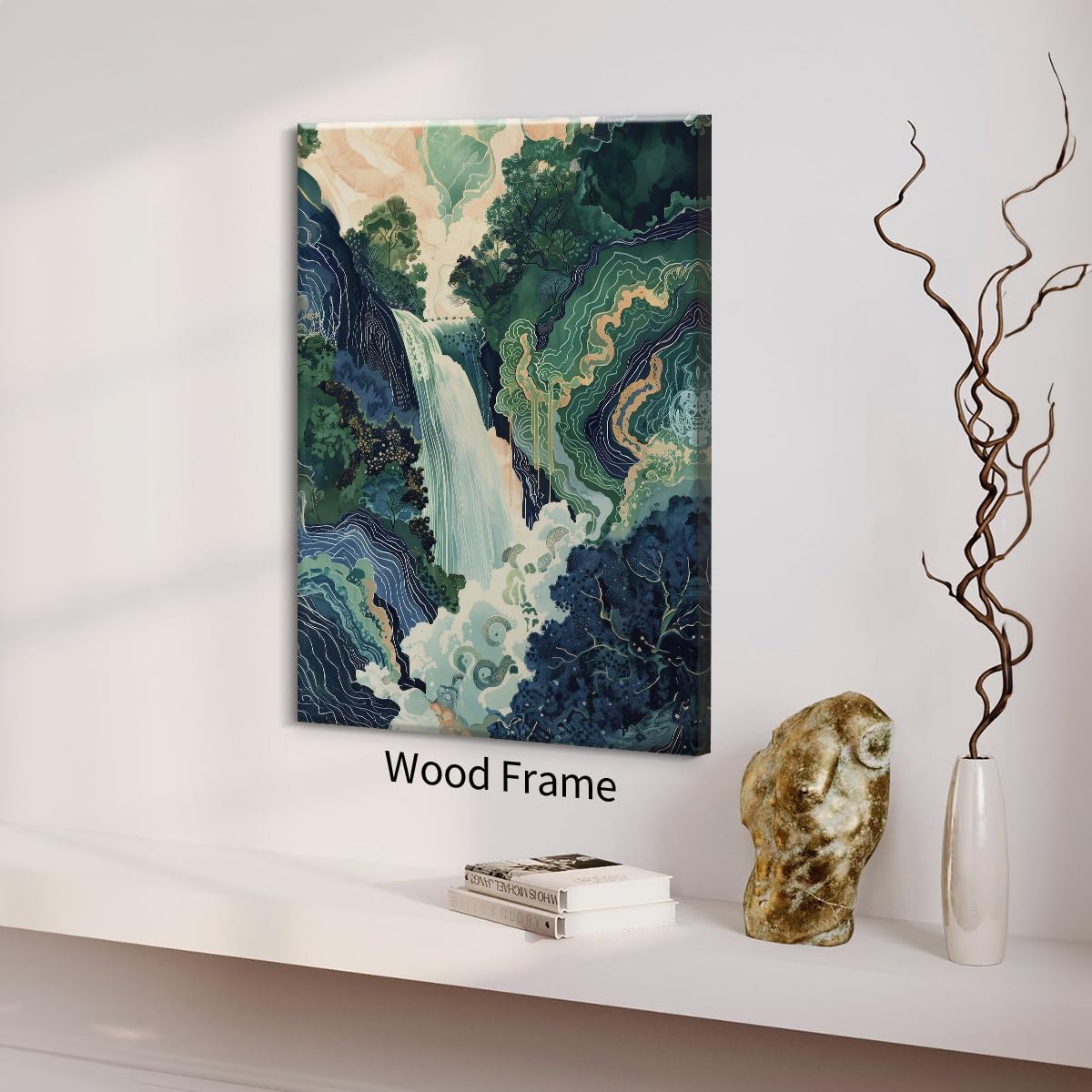 Japanese Landscape Framed Prints Poster Abstract Nature Mountain Canvas Wall Art 20x30 inch Vintage Asian Waterfall Painting Ukiyo (Wrapped Canvas / Japanese Painting / 30"L x 20"W)