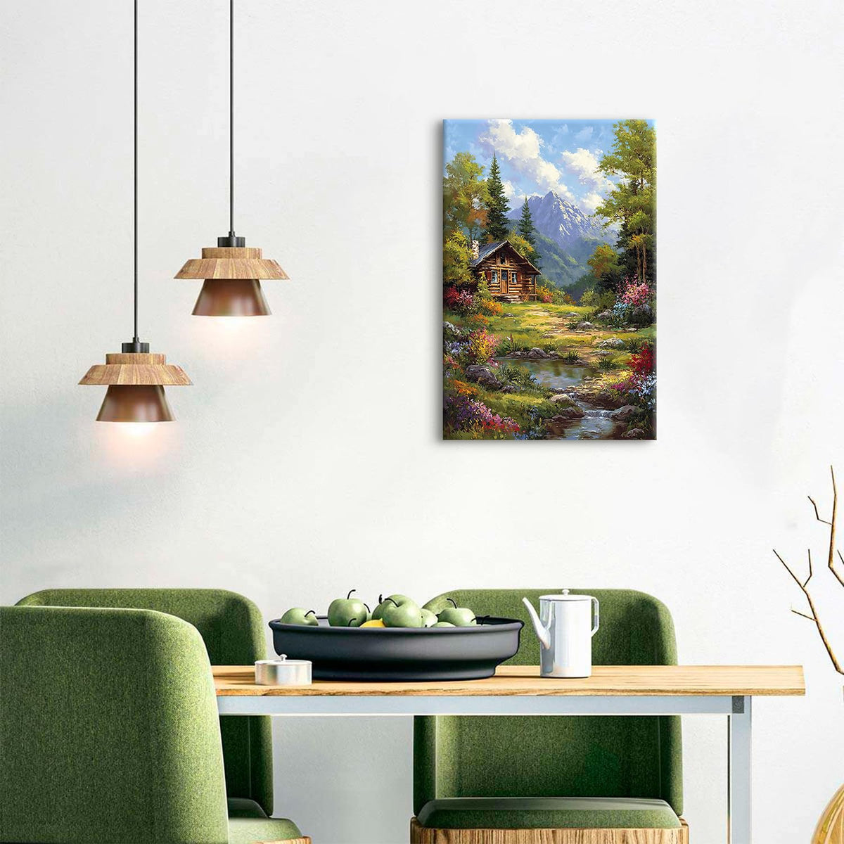 Mountain Froest Wall Art Nature Batonical Canvas Prints for Living Room Natural Landscape Painting Poster Colorful Wildflower Pictures Green Trees Canvas Artwork for Bedroom Home Decorations 16x24" (24"L x 16"W / Wooden House)