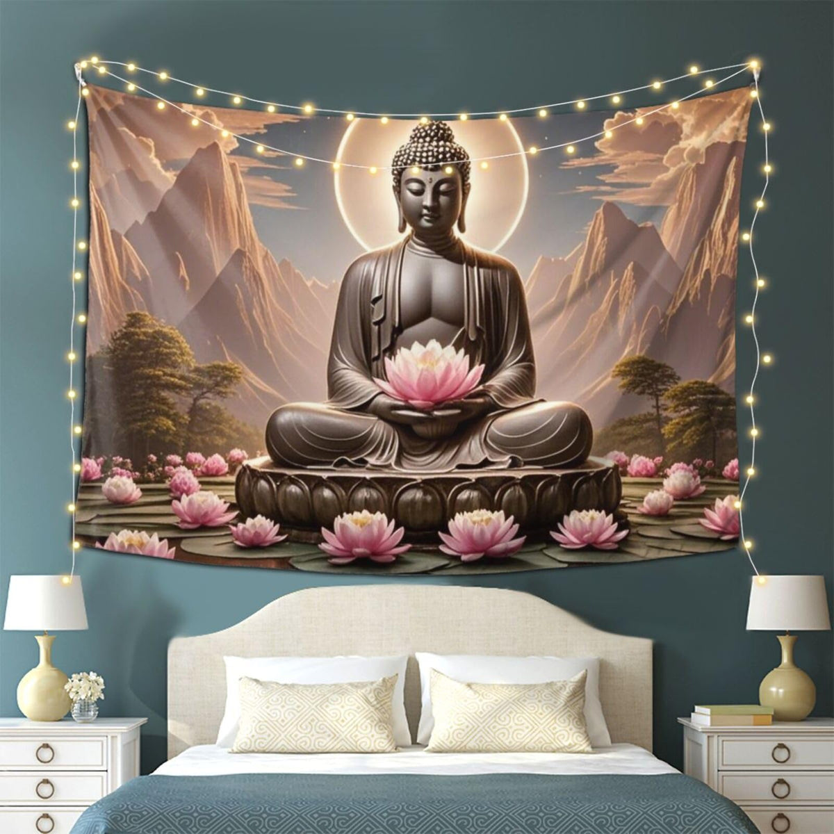 Zen Tapestry Buddha Tapestry Spiritual Meditation Wall Hanging Buddhist Wall Art Zen Lotus Flower Tapestries For Bedroom Living Room Decor 60"x80" (80"L x 60"W / Golden light Buddha)