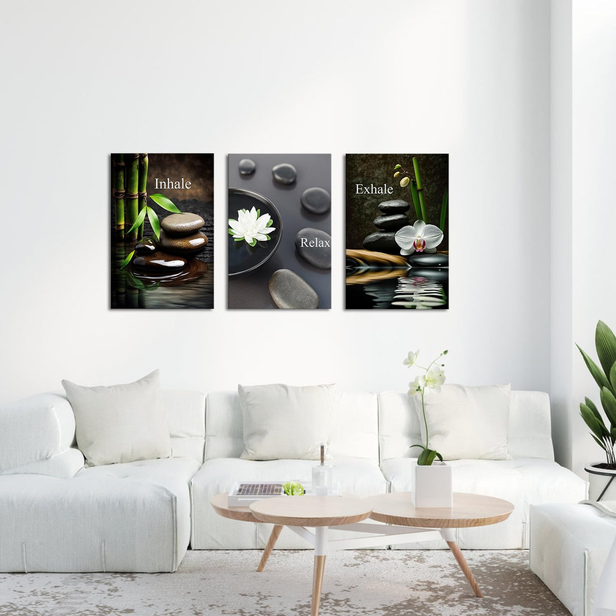 Zen Wall Art for Bathroom Zen Stone Bamboo Lotus Orchid Flower Pictures Still Life Wall Decor Framed 16x24 inch each piece (24"L x 16"W)