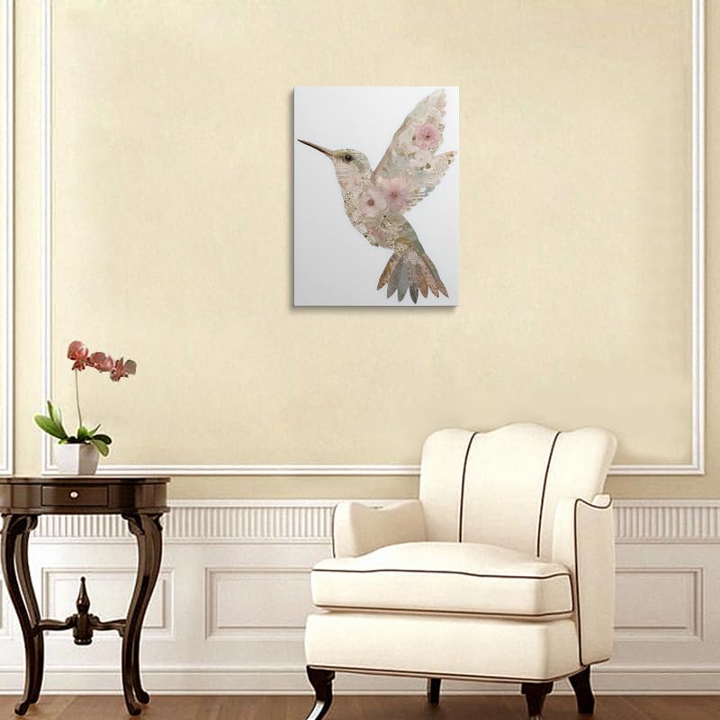 Romantic Hummingbird Art Vintage Style Framed Collage Wall Decor Made from Floral Illustrations & Lace in Soft Pink Cream Sage Green Tones Nature Themed Artwork for Living Room 16x24 Inches (Hummingbird / 24"L x 16"W)