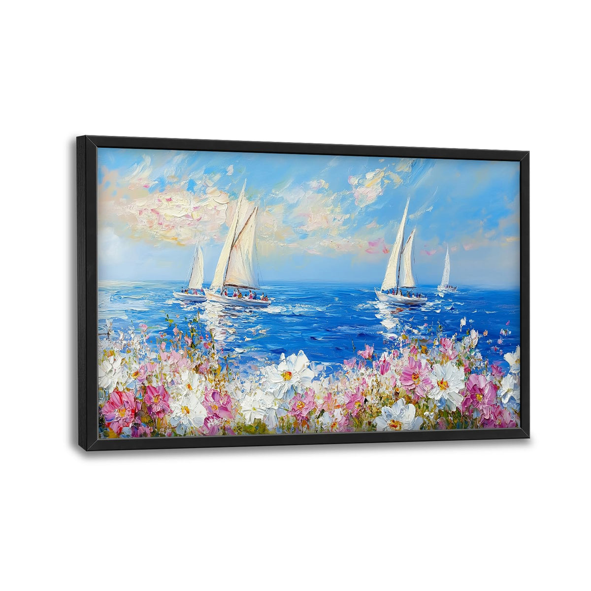 Coastal Sailboat Large Wall Art Ocean Seascape Framed Wall Decor Blossoms Canvas Pictures Nautical Painting for Living Room Dining Room Bedroom 24"x36" (Coastal Sailboat Floral / 36"L x 24"W)