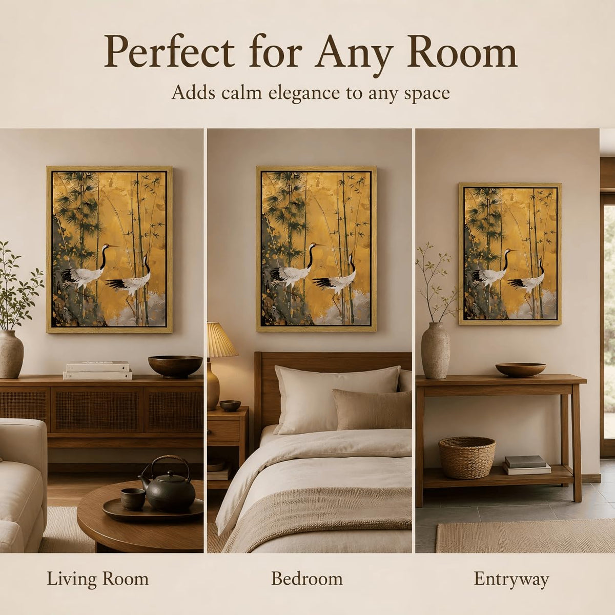 Framed Japanese Crane Wall Art Zen Japandi Asian Living Room Decor (Japanese Crane / 10"L x 8"W)