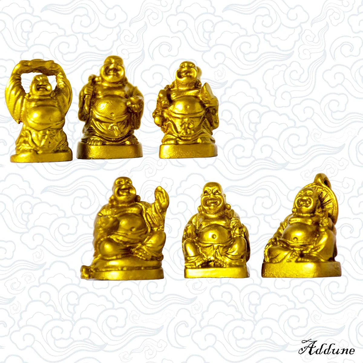 Set of 6 Mini Laughing Happy Buddha Statue Resin Figurines Feng Shui for Luck Wealth Good Gift and Collection (Gold / 1'')