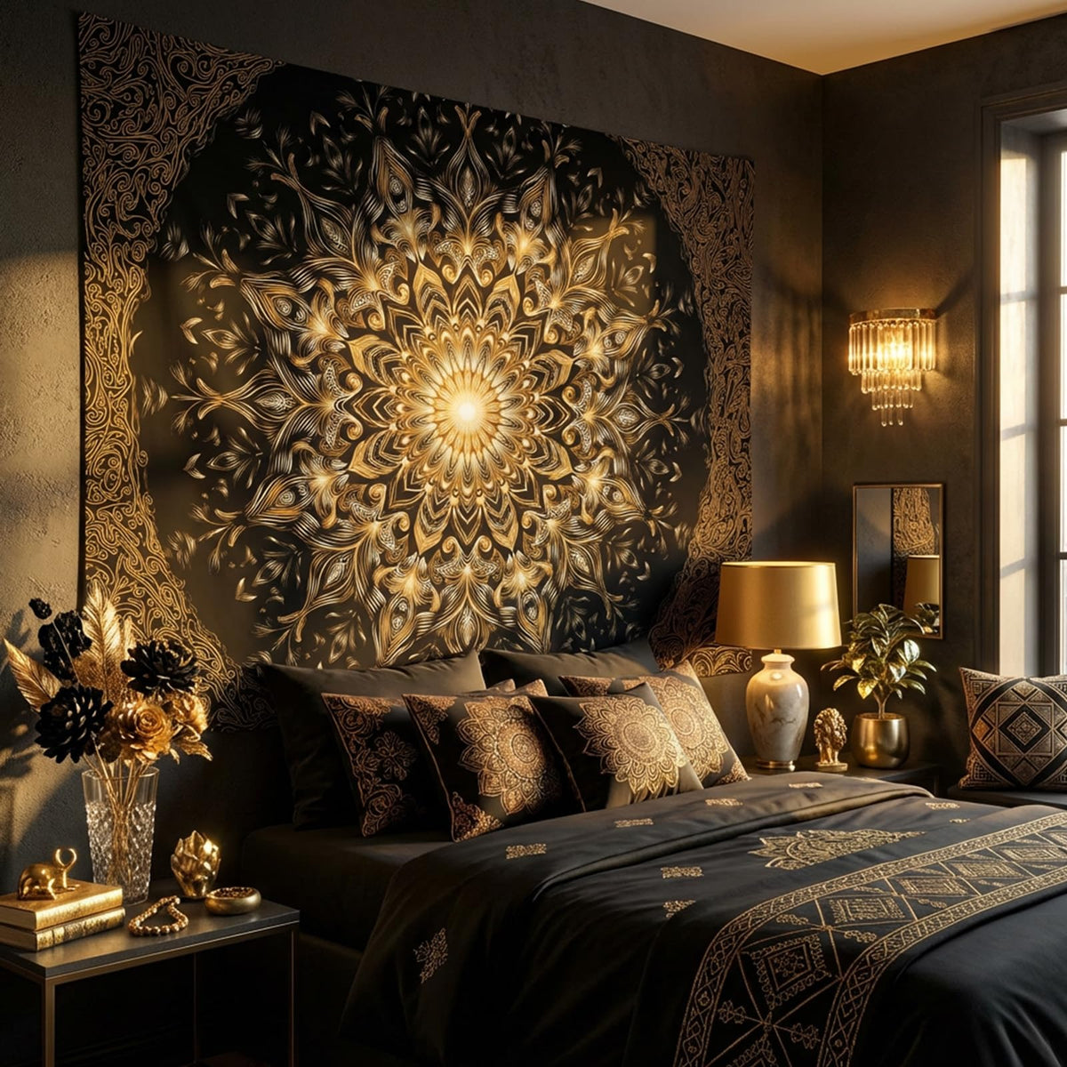 Tapestry Black Gold Luxury Mandala Tapestries Gothic Palace Tapestries Elegant Wall Tapestry Bedroom Dormitory Living Room Decoration 90"x70" (90"L x 70"W / Black Golden)