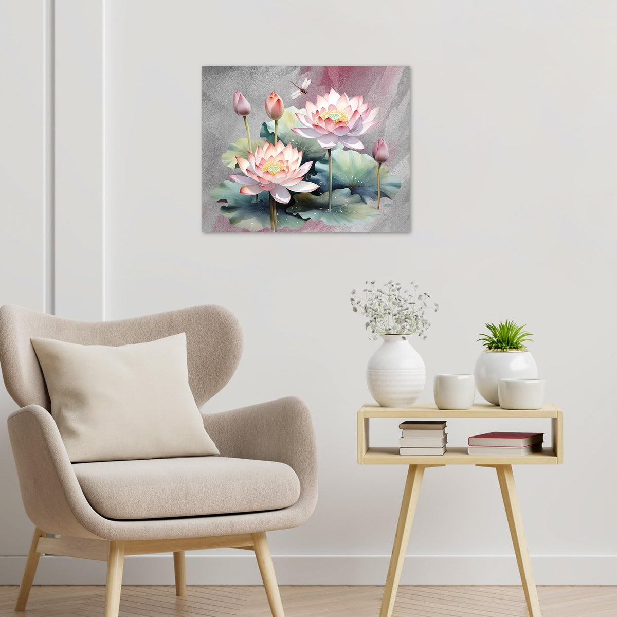 Zen Water Lily Canvas Wall Art for Bathroom Pink Floral and Green Leaf Plant Dragonfly Framed Wall Art Modern Spiritual Yoga Spa Pictures for Living Room Bedroom Home Wall Decor (Pink / 12"L x 12"W)