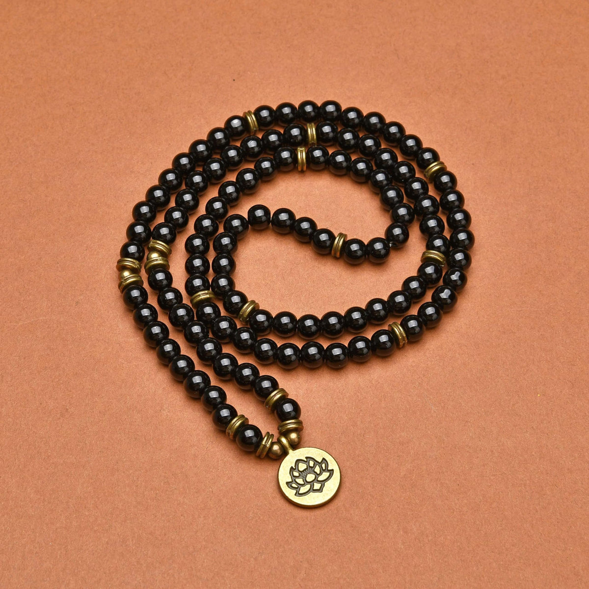 108 Healing Mala Beads Bracelet or Necklace with Gold Lotus Charm (Black Agate)