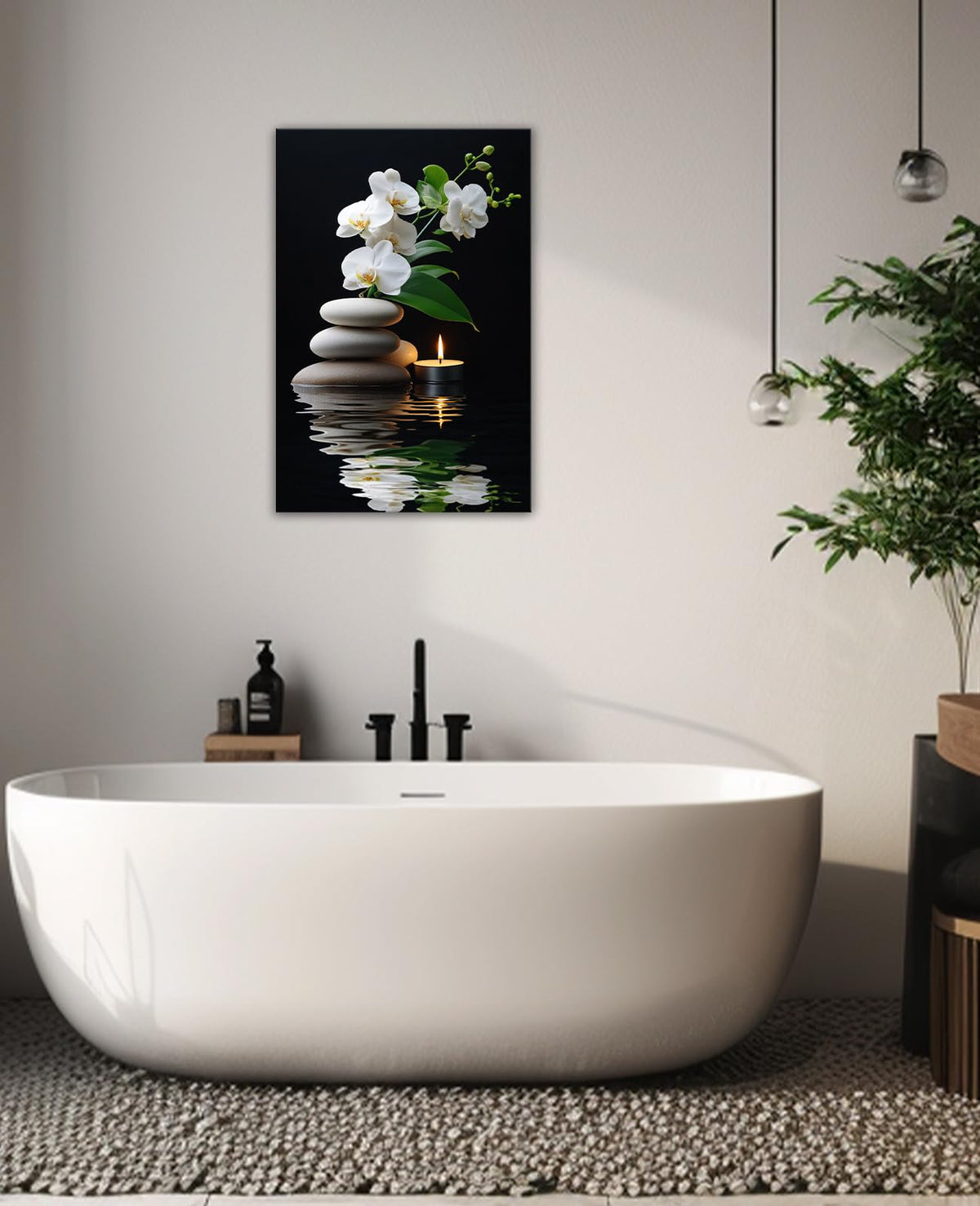 Zen Canvas Wall Art White Orchid Floral Spa Stones Candle in Water Picture Prints Zen Still Life Painting for Yoga Spa Meditation Spiritual Room Bathroom Wall Decor (Artwork-1 / 30"L x 20"W)