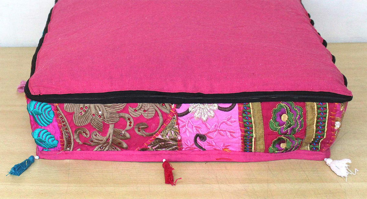 Indian Square Patchwork Traditional Pouf Cover Indian Living Room Poufs Decorative Embroidered Designer Ottoman Home Living Footstool Chair Cover Decor Pillow Cover 16x16x5 inches (16"D x 16"W x 5"H / Pink)