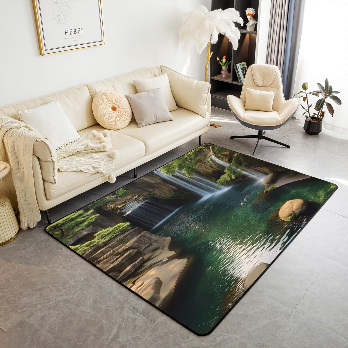 Waterfall 3 x 5 Area Rug Lake Cascade Scenery Rugs for Living Room (Green Brown / 3'3" x 4'11" (Rectangular))