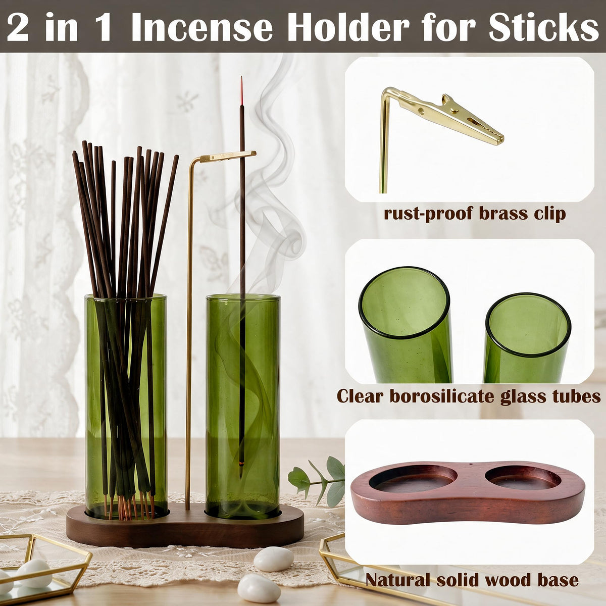 Incense Holder for Sticks Upside Down Hanging Incense Burner with Removable Glass Ash Catcher and Wooden Base (Green)