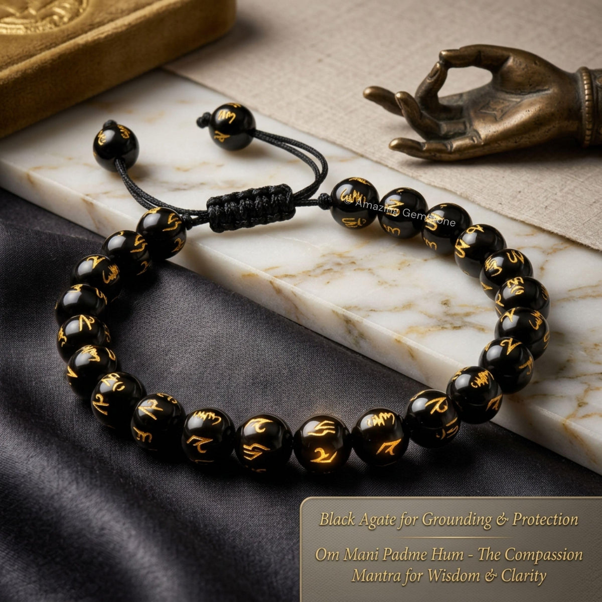 Om Mani Black Agate Bracelet for Women Men's Gifts (Om Mani Black Agate)