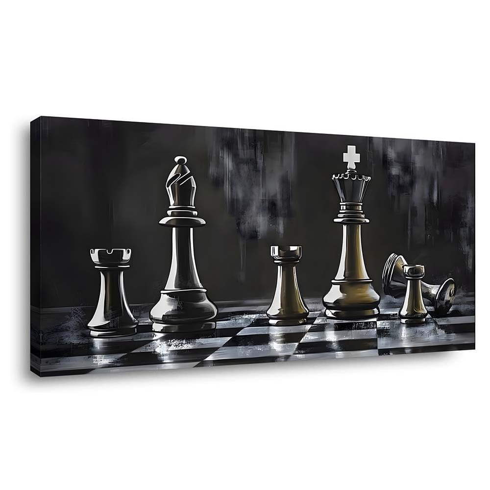 Modern Black and White Chess Canvas Wall Art Strategic Board Game Painting Print Gallery Wrapped Dark Academia Artwork for Living Room Bathroom Bedroom Decor (Bohemian / Black King Queen 5 / 46"L x 23"W)