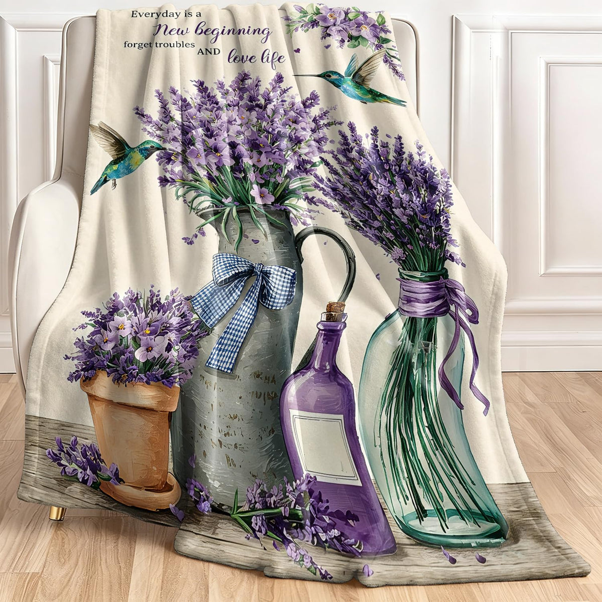 Lavender Fleece Blanket Hummingbird Floral Blanket Gift Room Decor 50"x60" (Lavender / 50"X60")