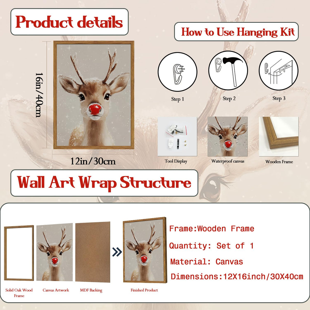 Framed Christmas Wall Art (Deer / 16"L x 12"W)