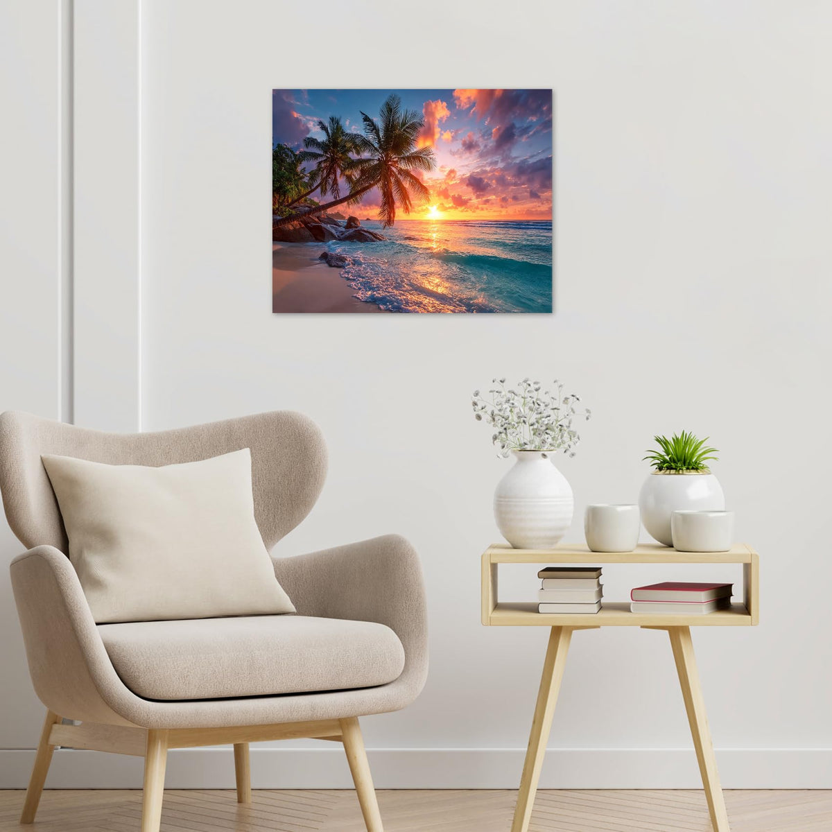 Tropical Beach Wall Art for Living Room Coastal Green Palm Tree Hawaiian Nature Canvas Wall Art Sunset Ocean Landscape Pictures for Bathroom Bedroom Office Wall Decor (Blue Orange / 16"L x 20"W)