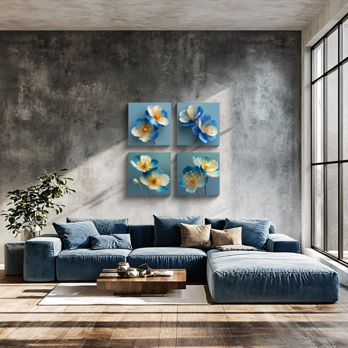 4PCS Blue White Flower Wall Art Canvas Print Yellow Stamens Modern Botanical Prints Elegant Watercolor Floral Artwork Minimalist Nature Illustration for Living Room Bedroom Office Home Decor (16X16inchX4 / Blue White Flower)