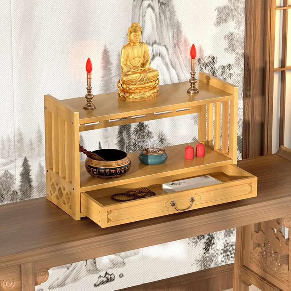Low 3 Tier Meditation Table with Drawer (Wood Color / 20.4”W)