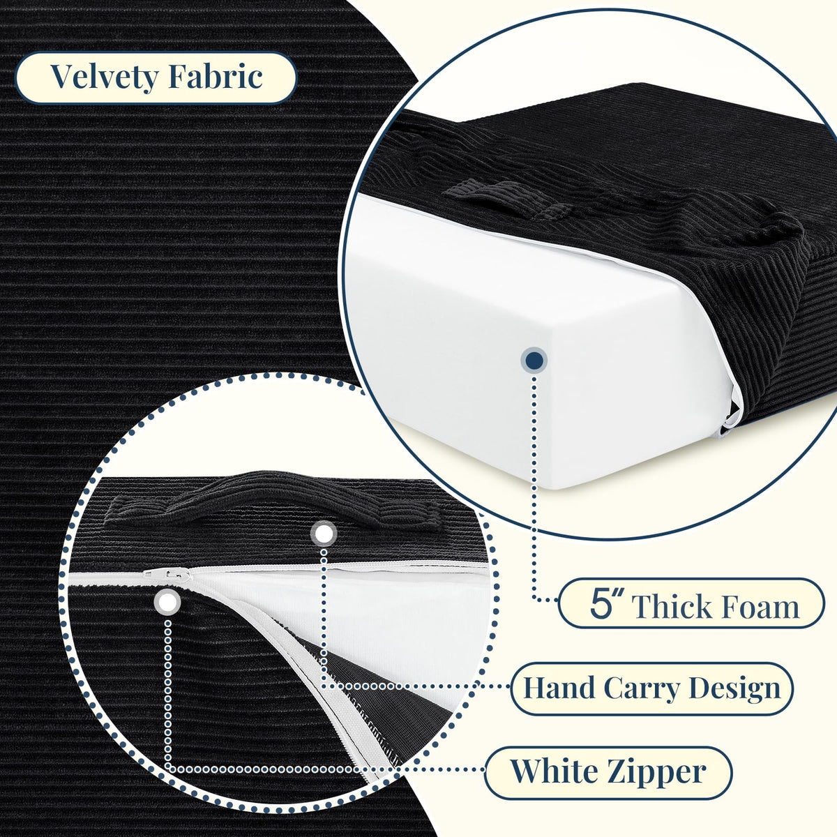 Solid Square Floor Pillows for Adults Kids (Black / 1 Pack (22"x22"))