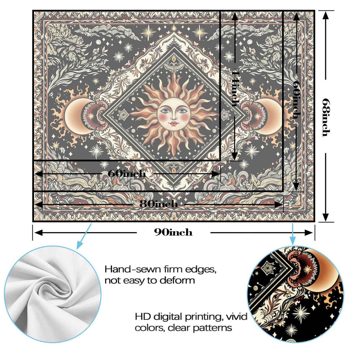 Celestial Sun & Moon Tapestry (Yellow Ivory / 90"L x 70"W)