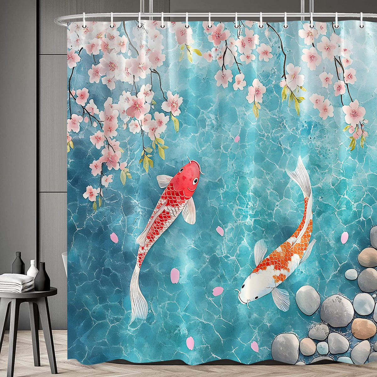 Zen Garden Shower Curtain Japanese Fish Pink Cherry Blossom Lake Rustic Asian Spa Watercolor Art Bathroom Decor Polyester Fabric with Hooks (Pink Blue / 120x180cm/47x70in)