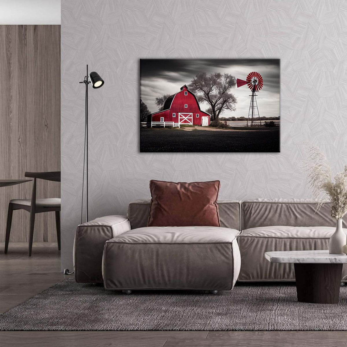 Country Wall Art Large Farmhouse Old Red Barn Canvas Picture Wood Artwork for Home Rustic Farm Scene Windmill Painting Bedroom Living Room Black and White Nature Country Landscape Wall Decor 24x36" (36"L x 24"W / Red Bran)