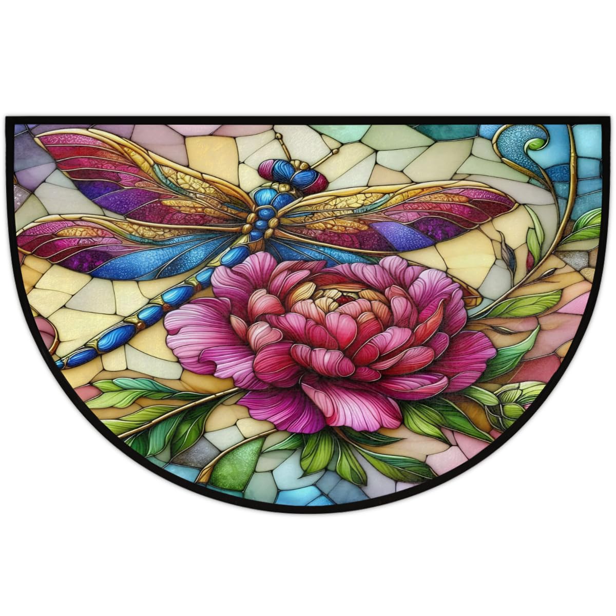 Half Round Doormat Butterfly Flower Colorful Semi Circle Rug Non Slip Indoor Outdoor Entrance Half Moon Rug Washable Front Floor Mat for Kitchen Bathroom Patio Fireplace Holiday Decor (A03:dragonfly Flower)