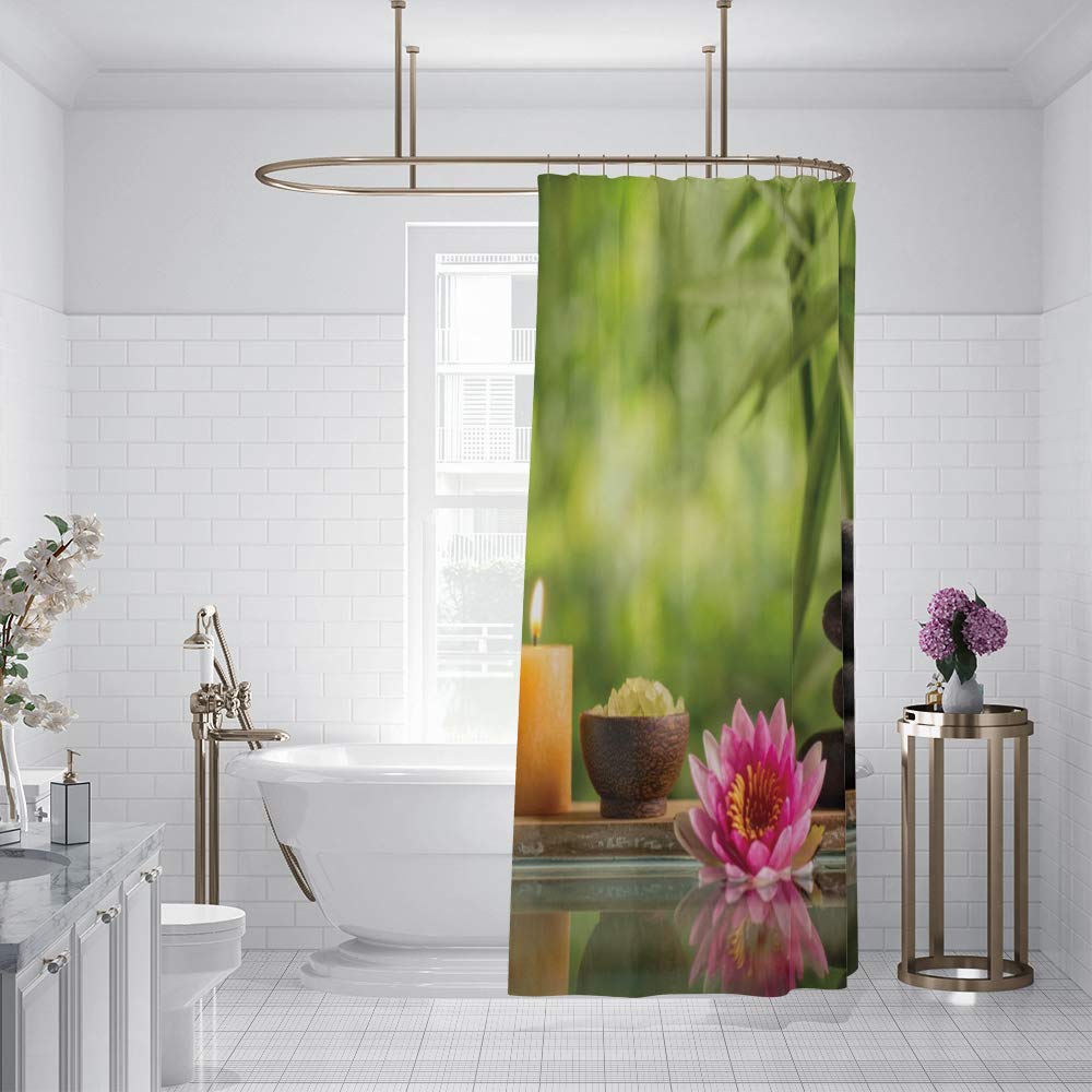 Spa Shower Curtain Pink Lotus Candle Black Stones Calm Relaxing Bath Curtain Waterproof Polyester Fabric Bathroom Decor Set with Hooks 72x78inch (72"W x 78"L (Pack of 1) / Green 01)